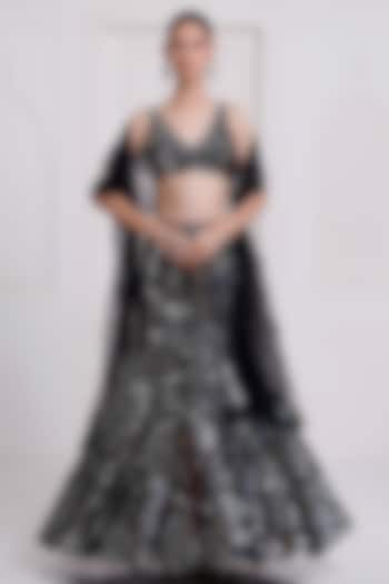 Black Net Mirror Embroidered Bridal Lehenga Set by SurilyG at Pernia's Pop Up Shop