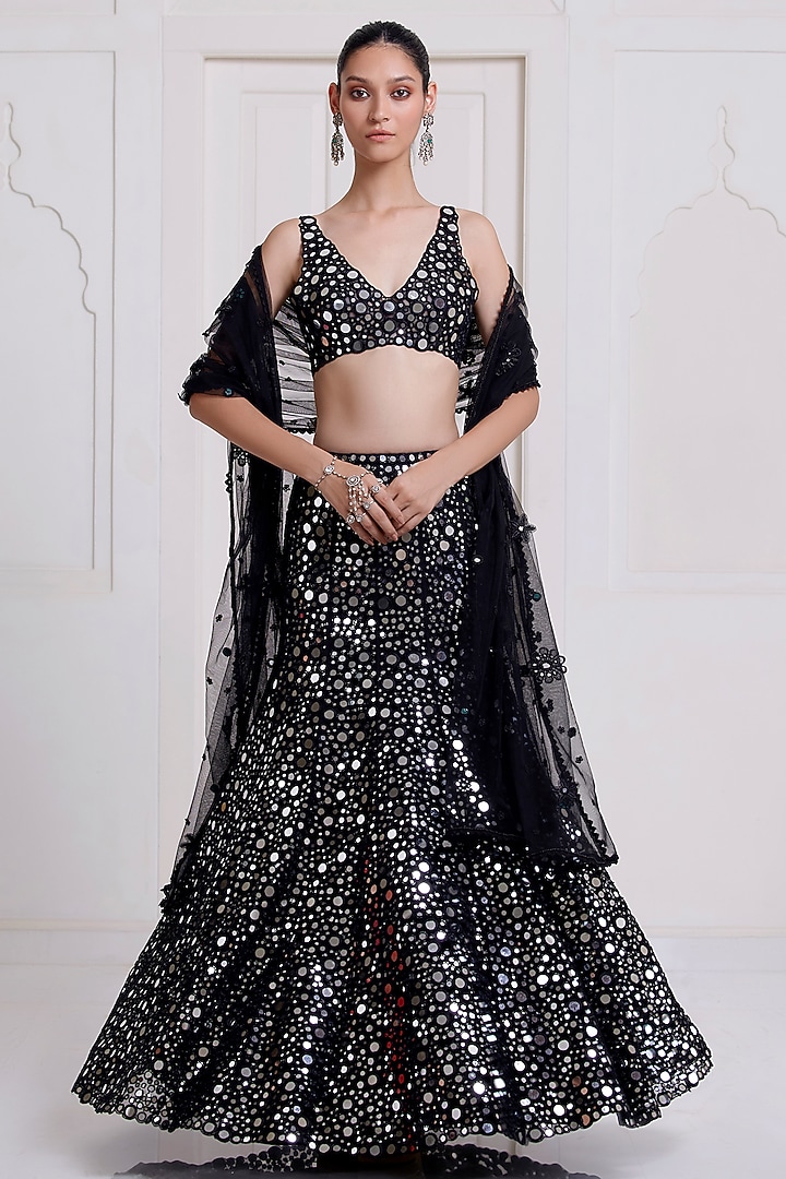 Black Net Mirror Embroidered Bridal Lehenga Set by SurilyG at Pernia's Pop Up Shop