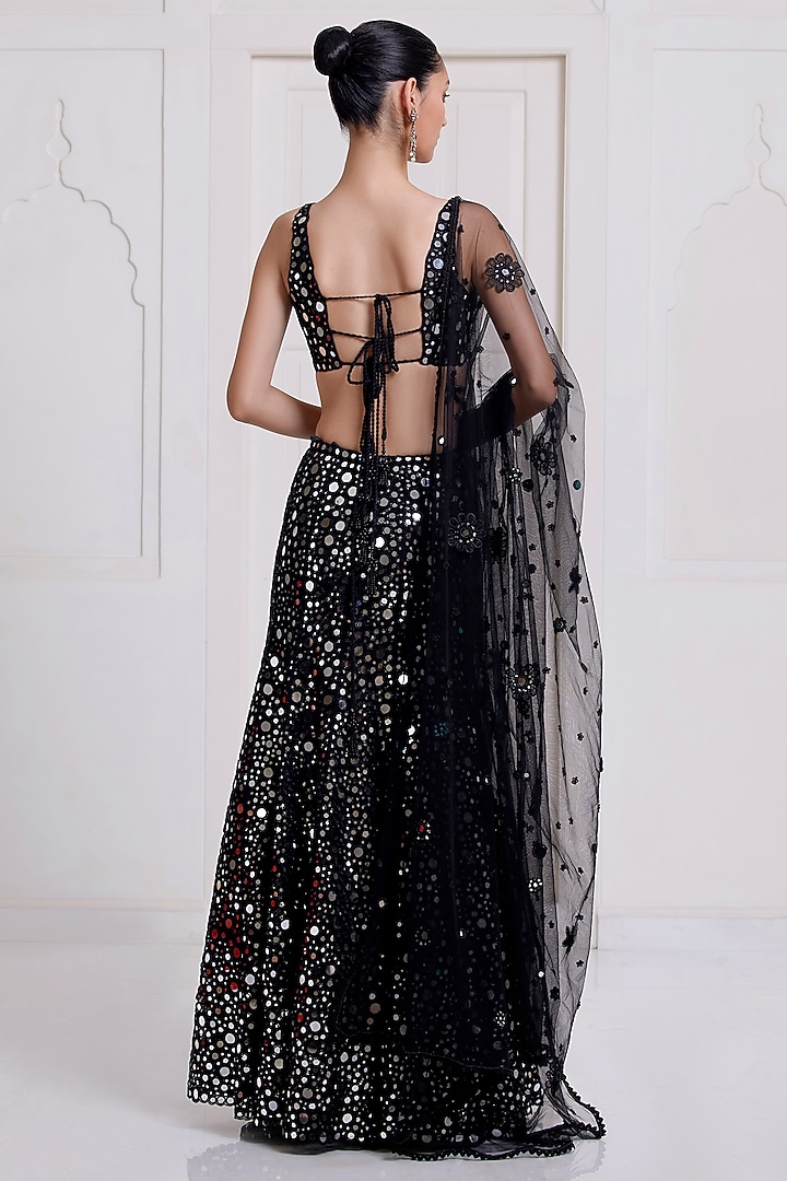 Black Net Mirror Embroidered Bridal Lehenga Set by SurilyG at Pernia's Pop Up Shop