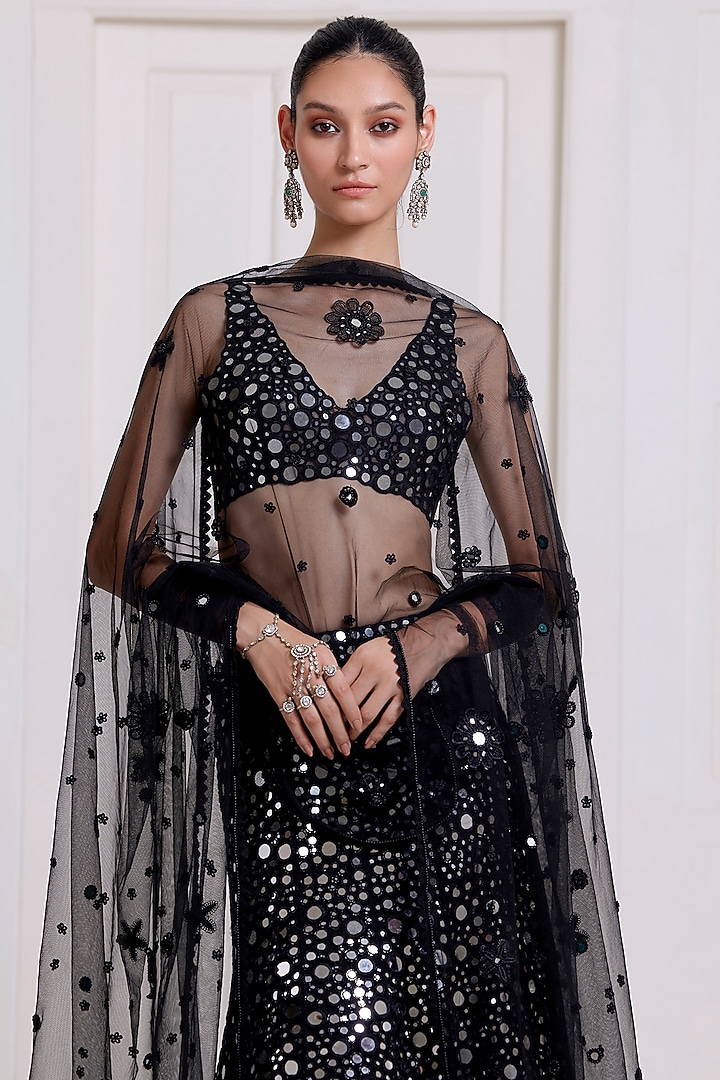 Black Net Mirror Embroidered Bridal Lehenga Set by SurilyG at Pernia's Pop Up Shop