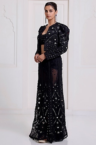 Black Net Embroidered Lehenga Set by SurilyG