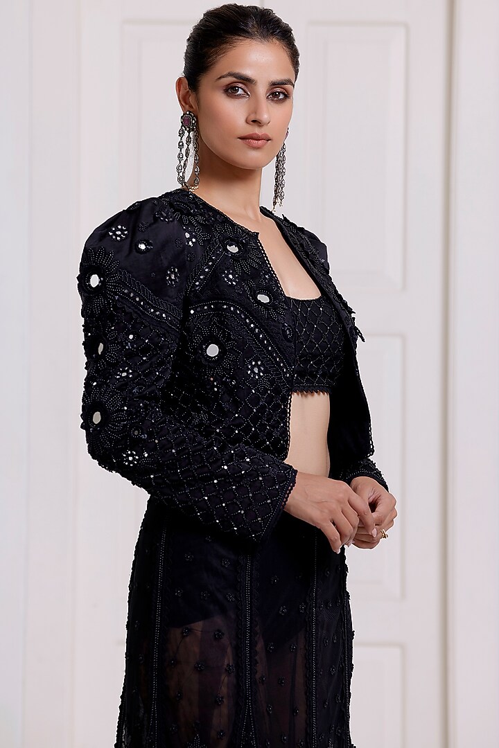 Black Net Embroidered Bridal Lehenga Set by SurilyG at Pernia's Pop Up Shop