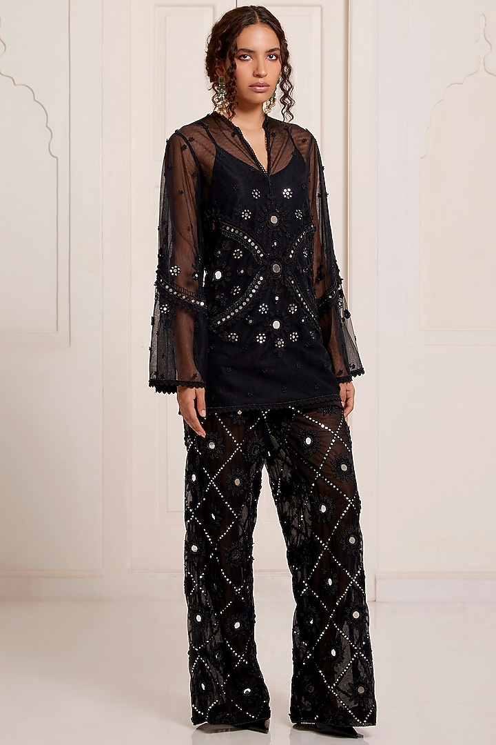 Black Net Embroidered Kurta Set by SurilyG at Pernia's Pop Up Shop