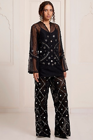 Black Net Embroidered Kurta Set by SurilyG