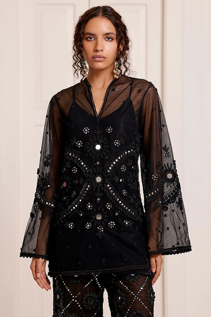 Black Net Embroidered Kurta Set by SurilyG at Pernia's Pop Up Shop