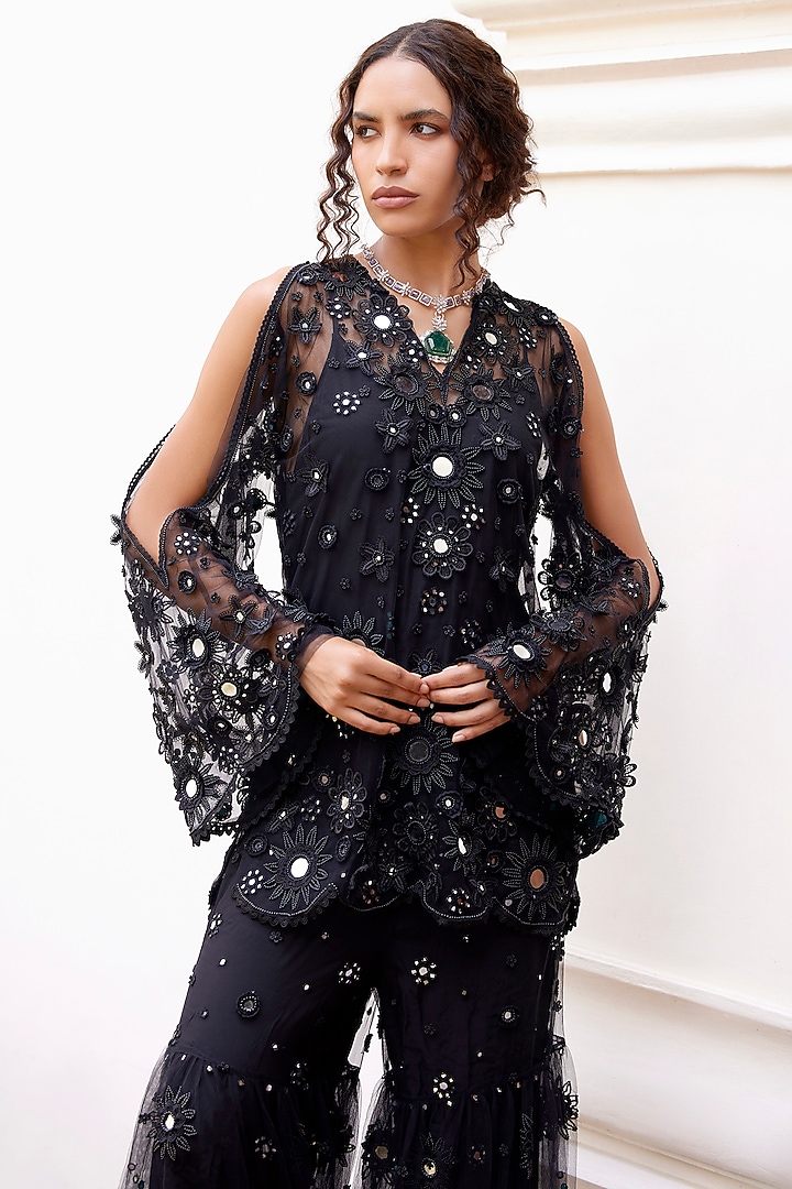 Black Net Bridal Sharara Set by SurilyG at Pernia's Pop Up Shop