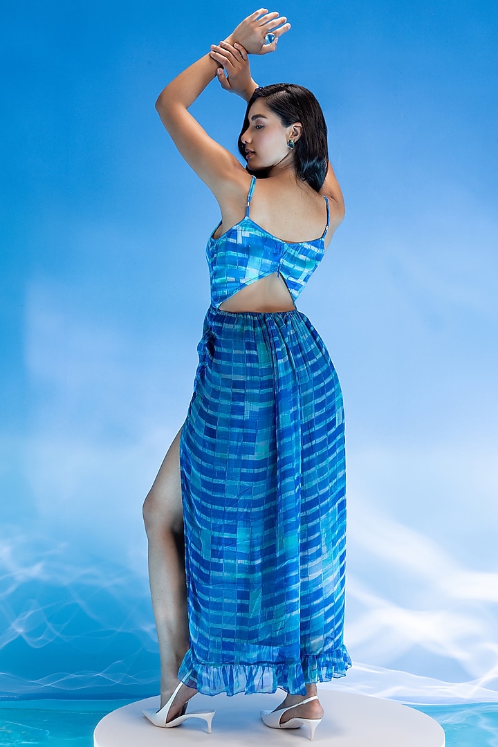 Blue Chiffon Digital Printed Backless Maxi Summer Dress by Suramya at Pernia's Pop Up Shop