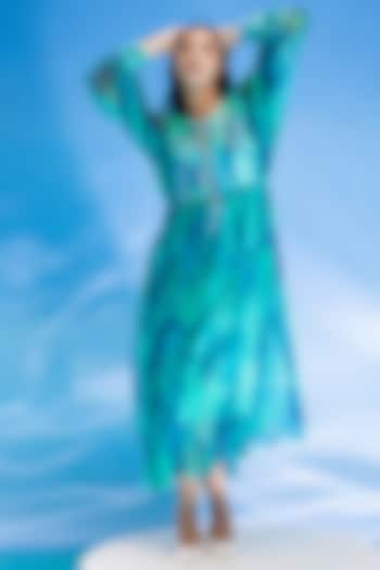 Aqua Blue Chiffon Digital Printed Dress by Suramya