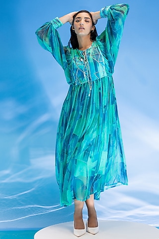 Aqua Blue Chiffon Digital Printed Dress by Suramya