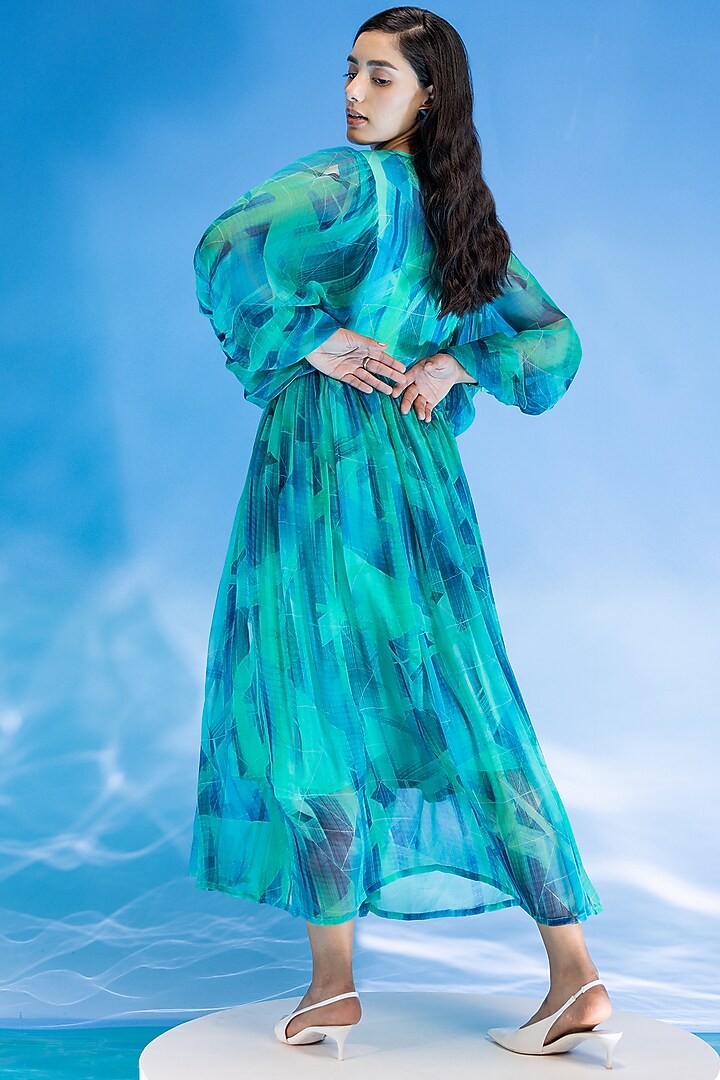 Aqua Blue Chiffon Digital Printed Summer Dress by Suramya at Pernia's Pop Up Shop