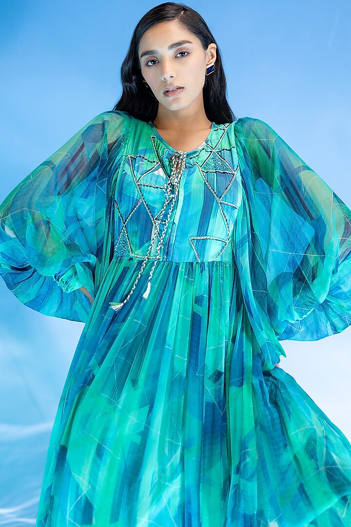 Aqua Blue Chiffon Digital Printed Summer Dress by Suramya at Pernia's Pop Up Shop