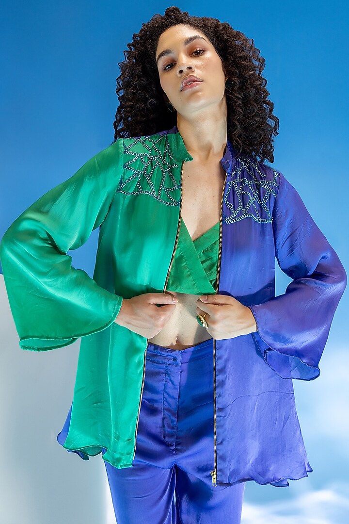 Purple & Green Organza Color Blocked Co-Ord Set by Suramya at Pernia's Pop Up Shop