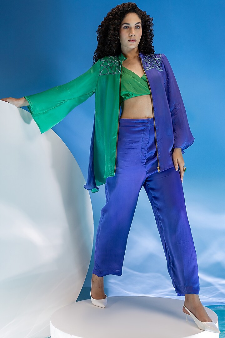 Purple & Green Organza Color Blocked Co-Ord Set by Suramya at Pernia's Pop Up Shop