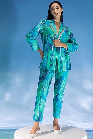 Aqua Lycra Digital Printed Jacket Set by Suramya