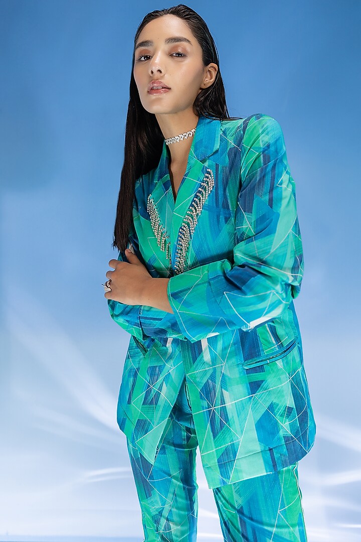 Aqua Lycra Digital Printed Jacket Set by Suramya at Pernia's Pop Up Shop