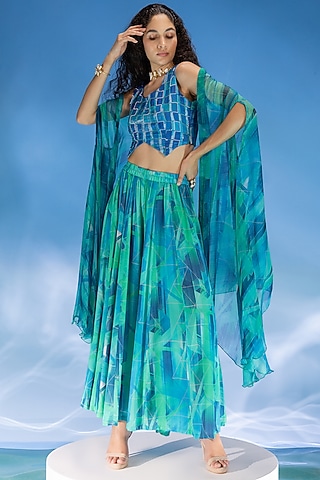 Green-Blue Touch Feel Satin Digital Printed Sharara Set by Suramya