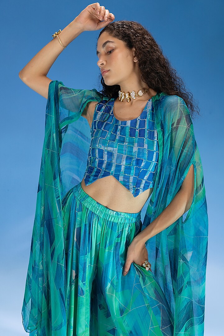 Green-Blue Touch Feel Satin Digital Printed Sharara Set by Suramya at Pernia's Pop Up Shop