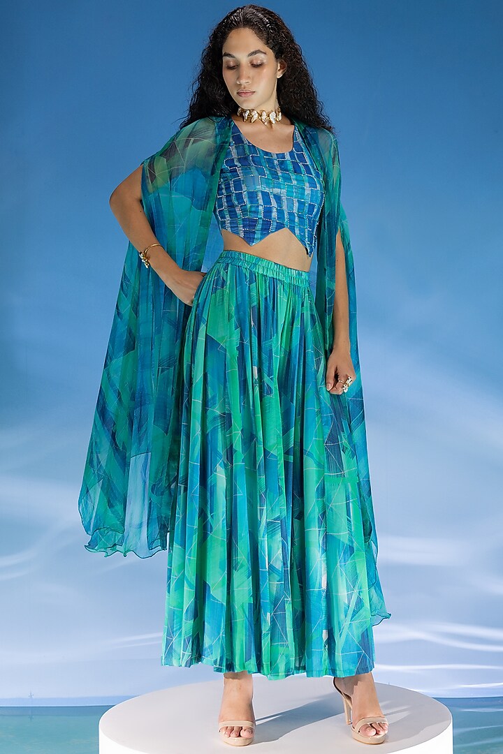 Green-Blue Touch Feel Satin Digital Printed Sharara Set by Suramya at Pernia's Pop Up Shop