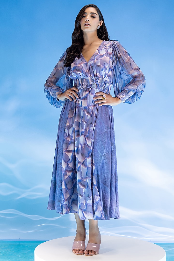 Purple Touch Satin Marble Printed Midi Smocked Dress by Suramya
