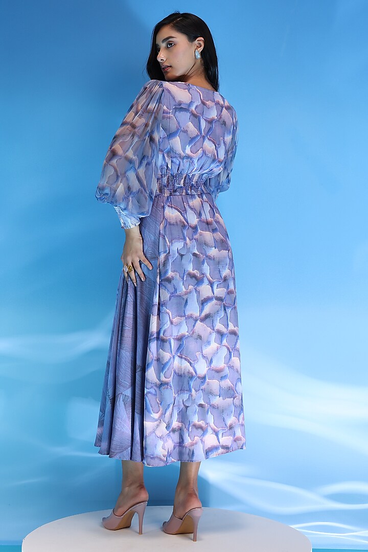 Purple Touch Satin Marble Printed Midi Smocked Summer Dress by Suramya at Pernia's Pop Up Shop