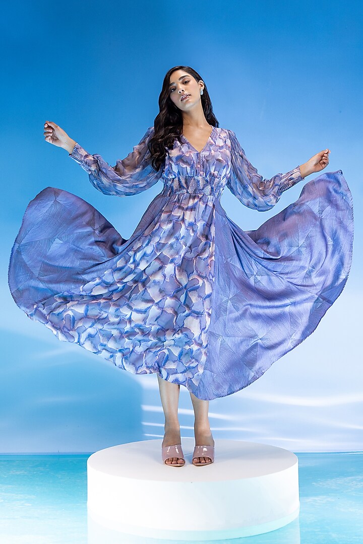 Purple Touch Satin Marble Printed Midi Smocked Summer Dress by Suramya at Pernia's Pop Up Shop