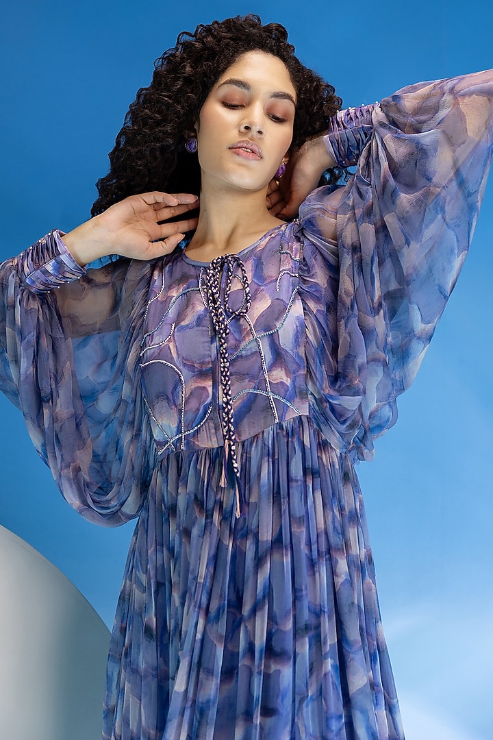 Purple Chiffon Printed & Embellished Midi Summer Dress by Suramya at Pernia's Pop Up Shop