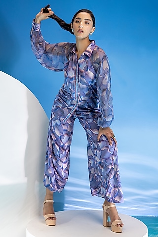 Purple Touch Satin & Chiffon Printed Co-Ord Set by Suramya