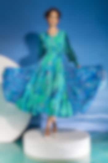 Aquarius Green Touch Satin Marble Printed Midi Smocked Dress by Suramya