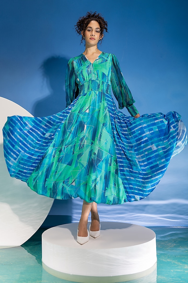 Aquarius Green Touch Satin Marble Printed Midi Smocked Dress by Suramya