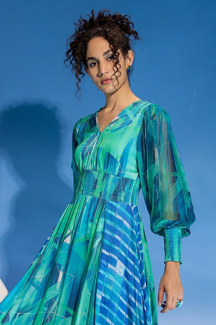 Aquarius Green Touch Satin Marble Printed Midi Smocked Summer Dress by Suramya at Pernia's Pop Up Shop