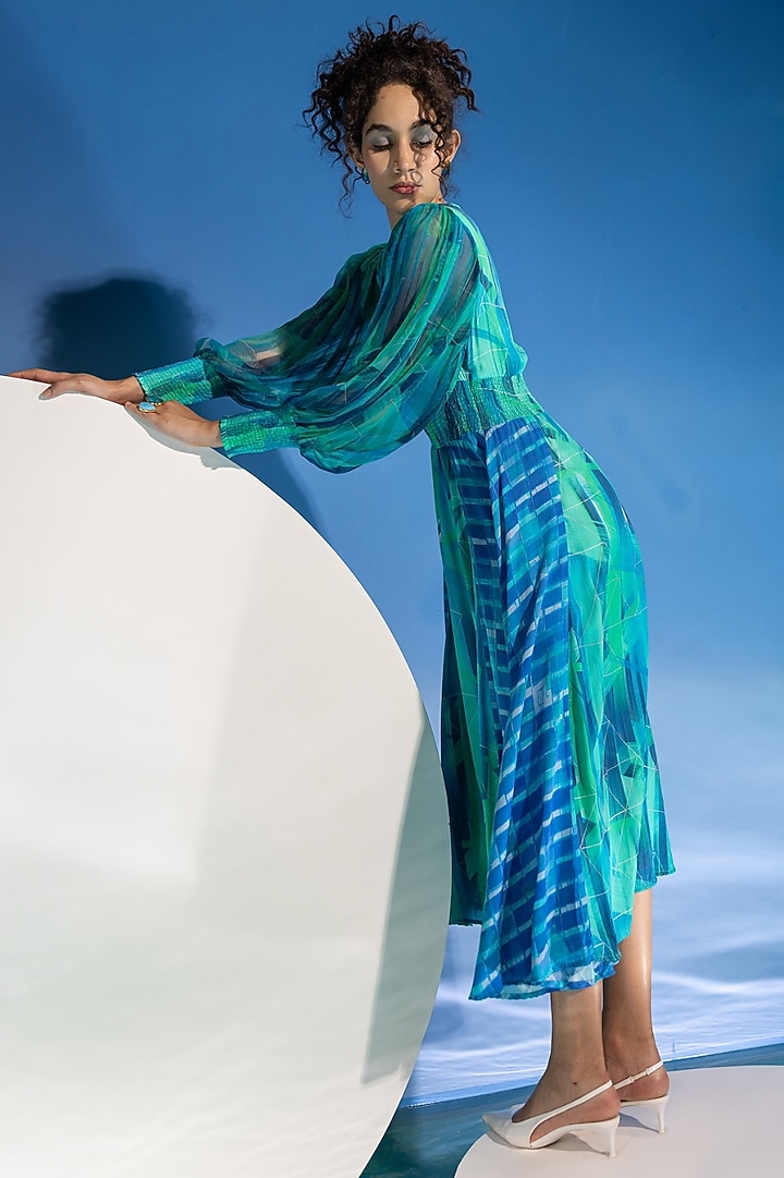 Aquarius Green Touch Satin Marble Printed Midi Smocked Summer Dress by Suramya at Pernia's Pop Up Shop