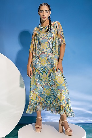 Multi-Colored Modal Satin & Chiffon Digital Printed Frilled Midi Dress by Suramya