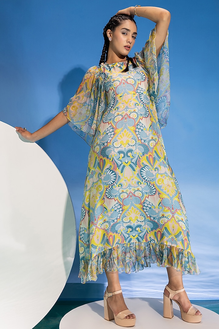Multi-Colored Modal Satin & Chiffon Digital Printed Frilled Midi Summer Dress by Suramya at Pernia's Pop Up Shop