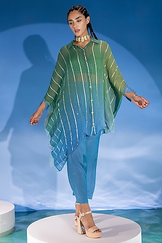 Green & Blue Chinon Ombre Co-Ord Set by Suramya