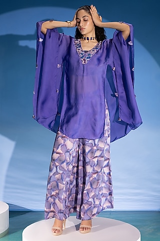 Purple Organza Embellished Cape Set by Suramya