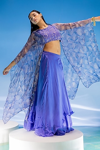 Blue Organza Layered Skirt Set by Suramya
