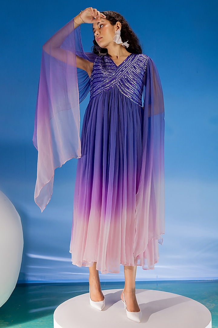 Purple & Peach Chiffon Embellished Ombre Midi Dress by Suramya at Pernia's Pop Up Shop