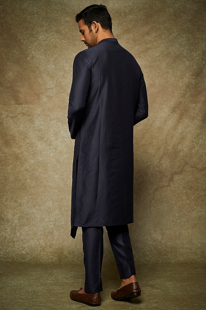 Navy Blue Cotton Silk Asymmetrical Kurta Set by SURBHI PANSARI at Pernia's Pop Up Shop