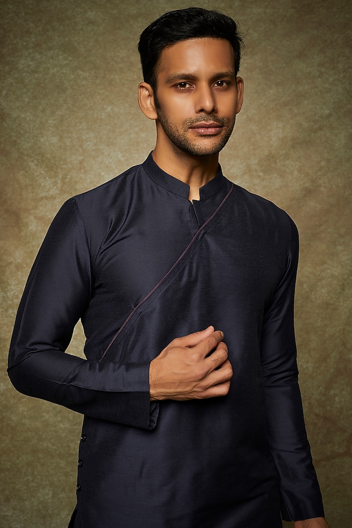 Navy Blue Cotton Silk Asymmetrical Kurta Set by SURBHI PANSARI at Pernia's Pop Up Shop