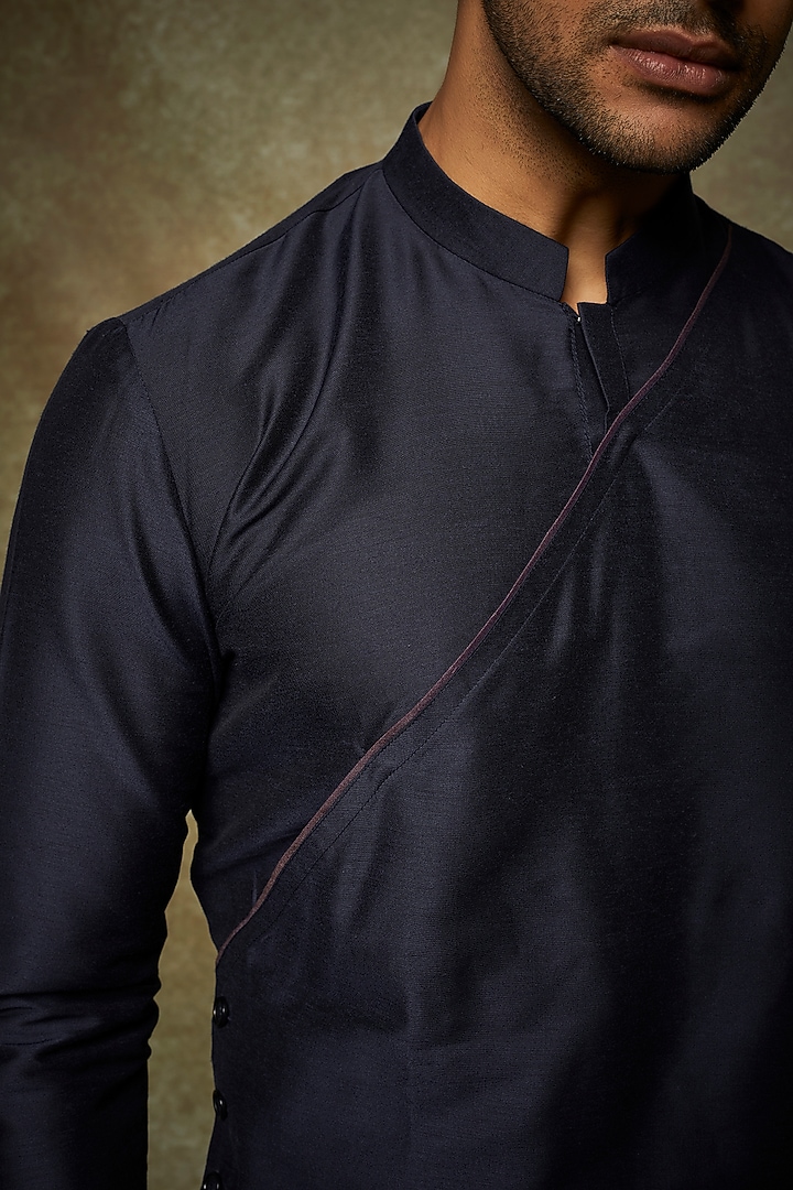 Navy Blue Cotton Silk Asymmetrical Kurta Set by SURBHI PANSARI at Pernia's Pop Up Shop