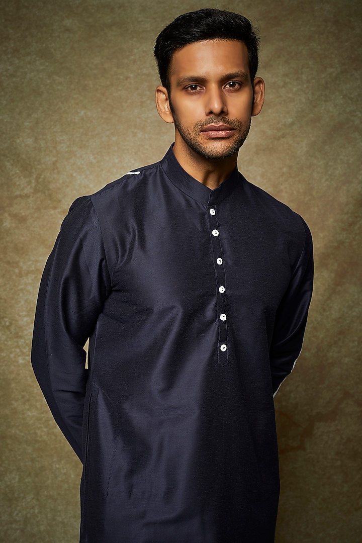Navy Blue Cotton Silk Kurta Set by SURBHI PANSARI at Pernia's Pop Up Shop