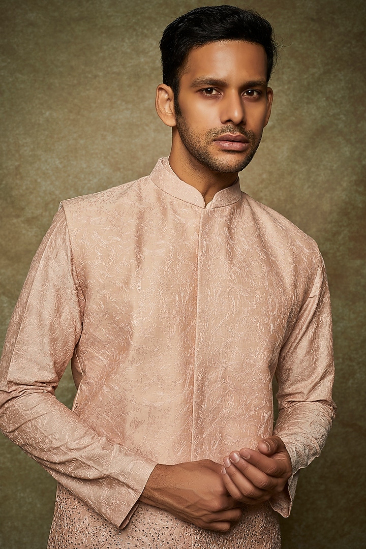 Old Rose Pink Cotton Hand Embroidered Bundi Jacket Set by SURBHI PANSARI at Pernia's Pop Up Shop