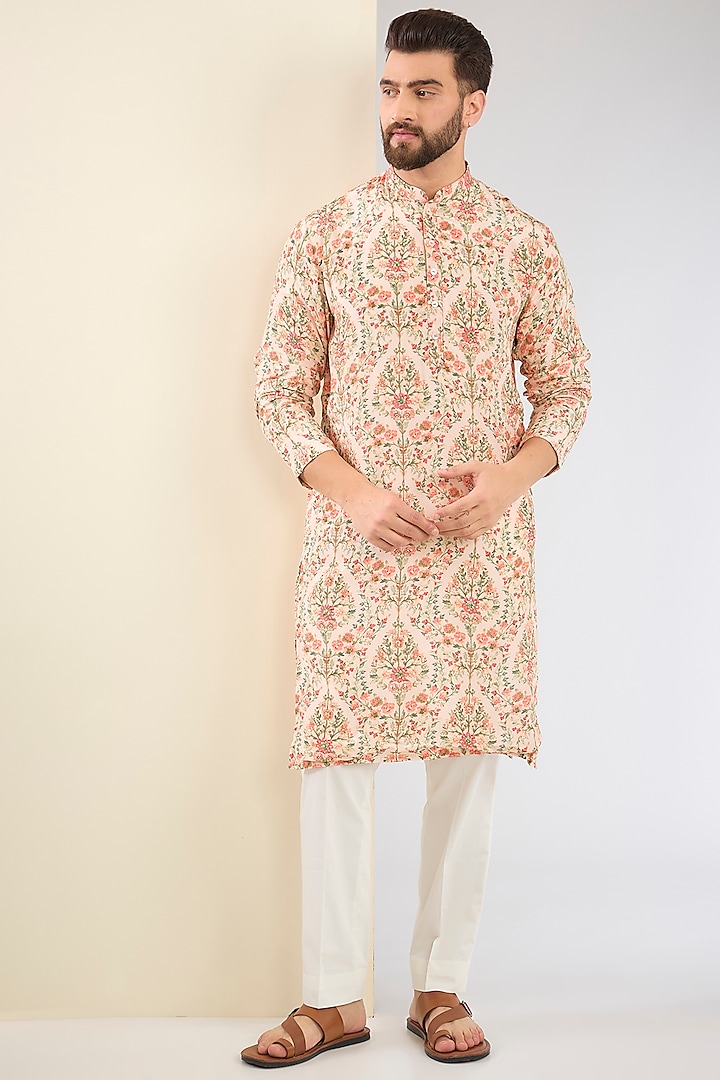 Multi-Colored Muslin Silk Floral Printed & Bead Embroidered Kurta Set by SURBHI PANSARI