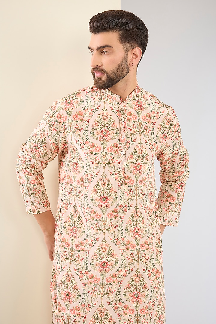 Pink Muslin Silk Floral Printed & Bead Embroidered Kurta Set by SURBHI PANSARI at Pernia's Pop Up Shop