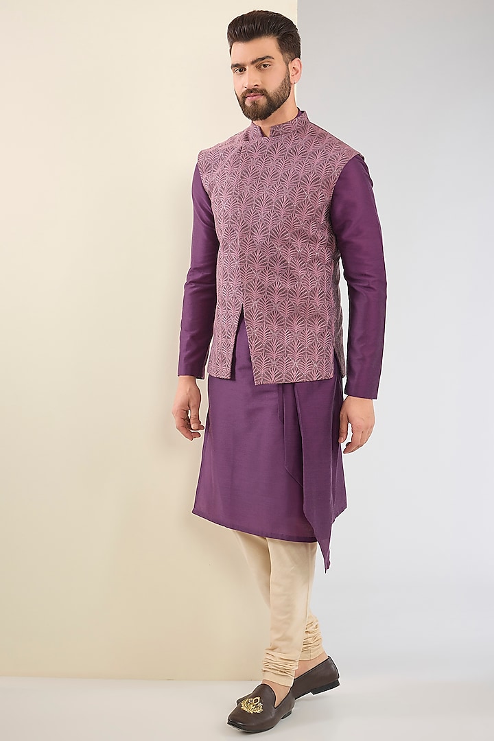 Plum Cotton Silk Hand Embroidered Asymmetric Nehru Jacket Set by SURBHI PANSARI