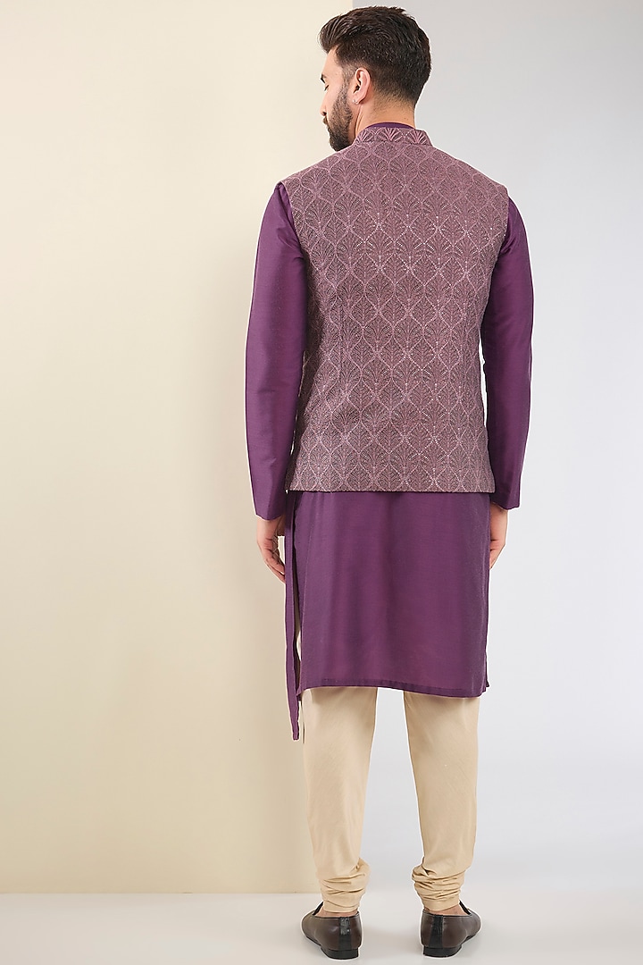 Purple Cotton Silk Hand Embroidered Asymmetric Nehru Jacket Set by SURBHI PANSARI at Pernia's Pop Up Shop