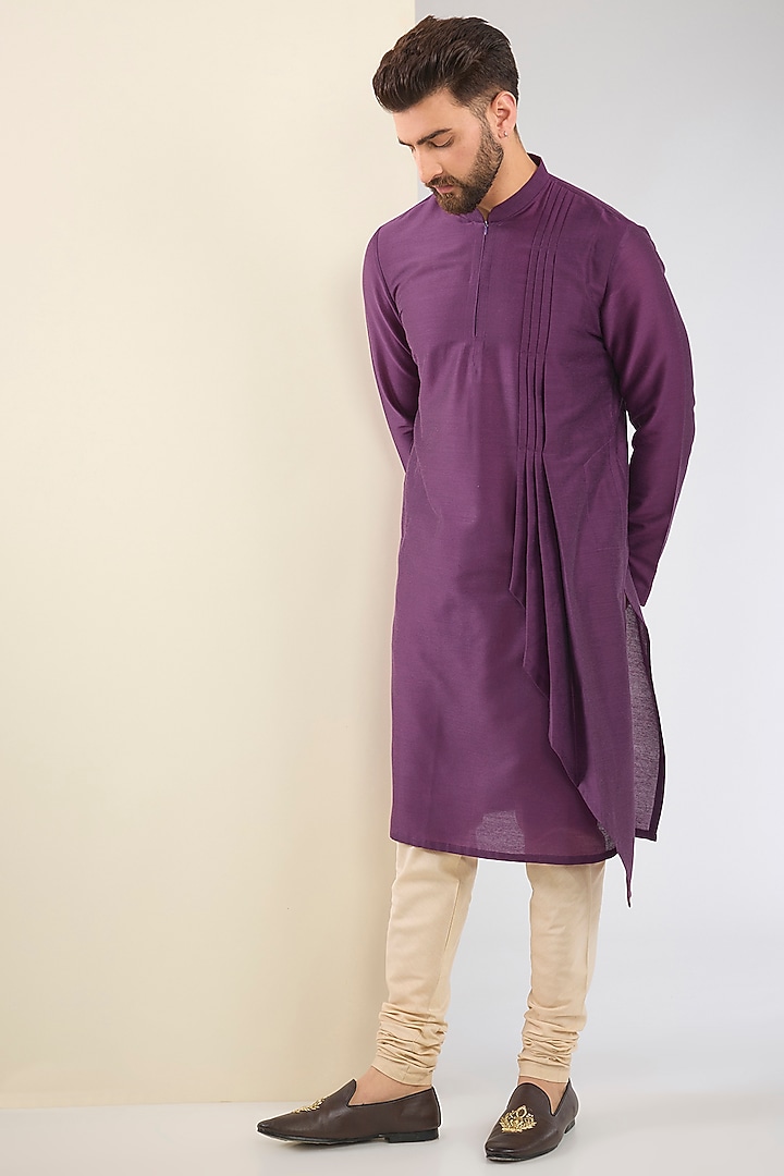 Purple Cotton Silk Hand Embroidered Asymmetric Nehru Jacket Set by SURBHI PANSARI at Pernia's Pop Up Shop