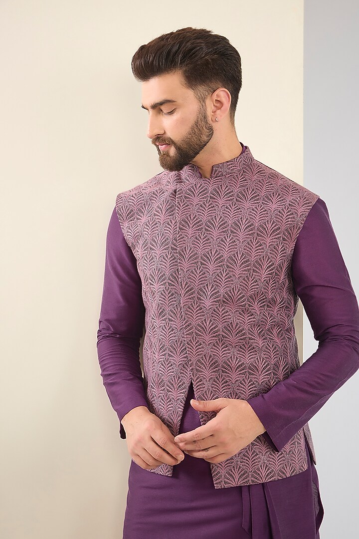 Purple Cotton Silk Hand Embroidered Asymmetric Nehru Jacket Set by SURBHI PANSARI at Pernia's Pop Up Shop