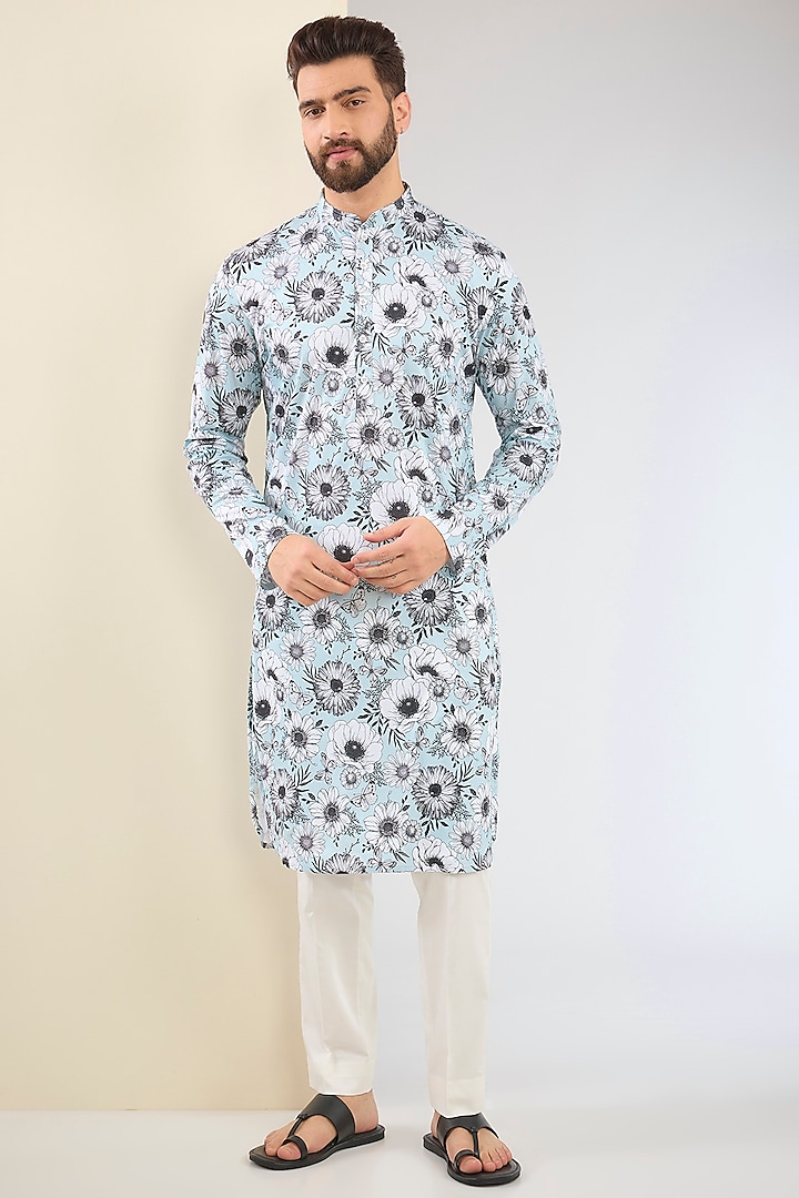 Sky Blue Cotton Floral Digital Printed Kurta Set by SURBHI PANSARI