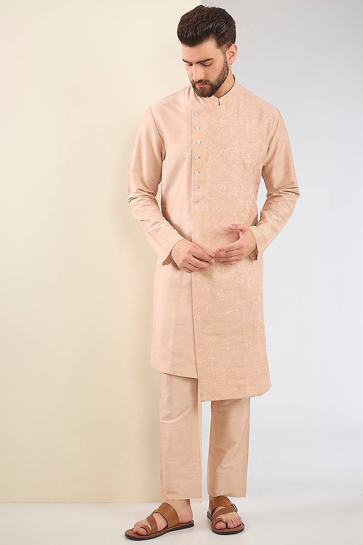 Old Rose Cotton Silk Embroidered Kurta Set by SURBHI PANSARI